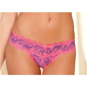 Crotchless Lace V-Thong fuchsia front